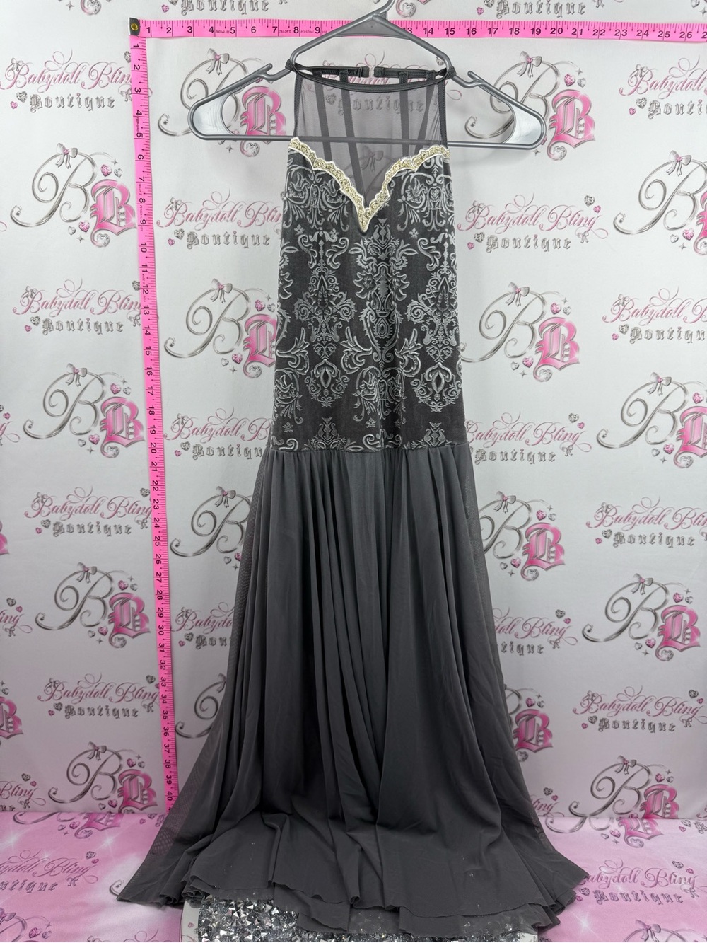 Weissman dress Charcoal Gray Embroidered Maxi Dress with Gold Trim